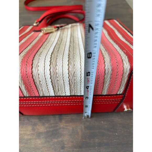 Michael Kors Mercer Red Coral Tan Leather Straw Purse Hand Bag Accordion - Picture 12 of 14